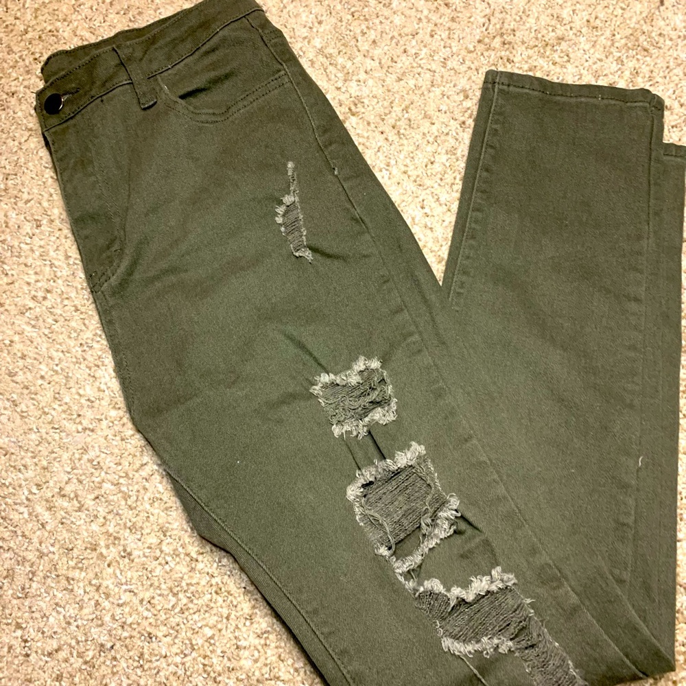 Olive green ripped skinny jeans
